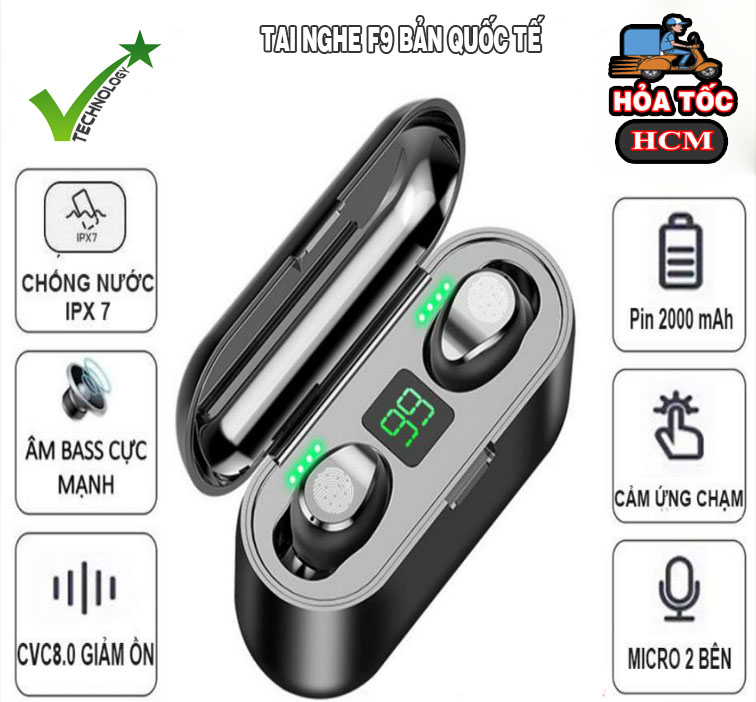 Tai Nghe Bluetooth True Wireless AMOI F9 Cảm Ứng Vân Tay, Nâng Cấp Dock Sạc có Led Báo Pin Kép - Hàng Nhập Khẩu