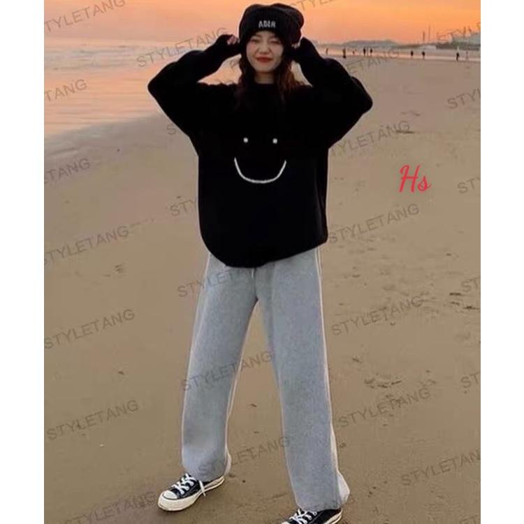 Bộ Áo Mặt Cười Quần Jogger Dáng Rộng Set Áo Thun In Hình Kèm Quần Nỉ Cotton