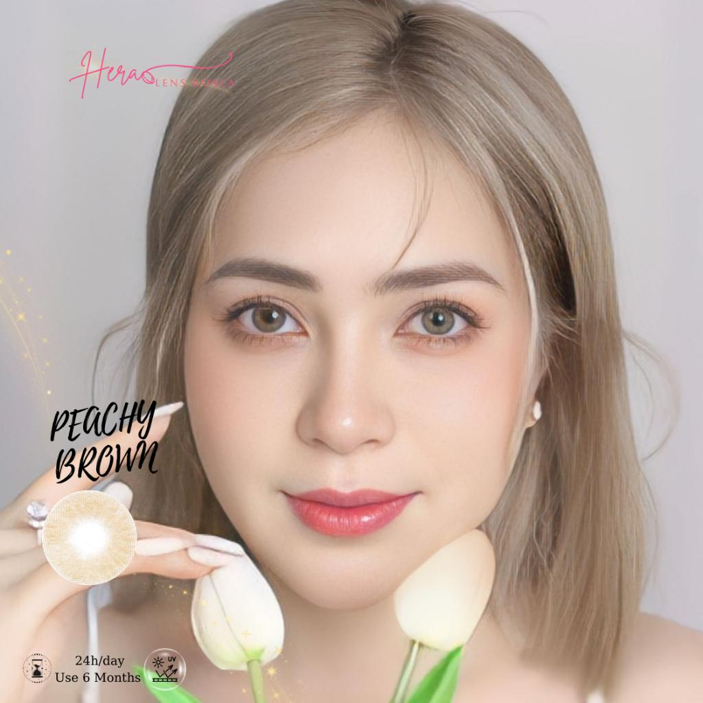 Kính Áp Tròng Hera Nâu Hồng Đào 0 - 6 Độ PEACHY BROWN Nhập Khẩu Hàn Quốc Lens Cận 6 Tháng