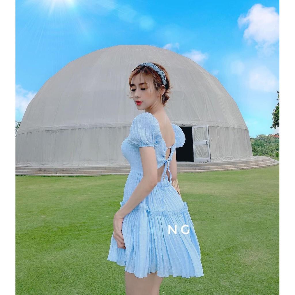 Đầm Xòe Tay Phồng Tùng Nhún Tầng Cột Dây Sau Lưng