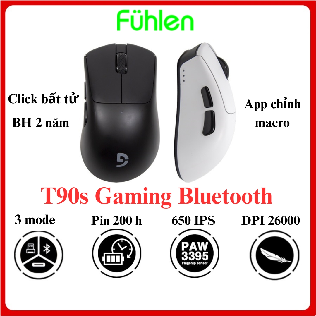 Chuột gaming Bluetooth Fuhlen T90s, pin 200 giờ DPI 26000 DPI, 650IPS, PAW3395, 3-mode- Hàng chính hãng