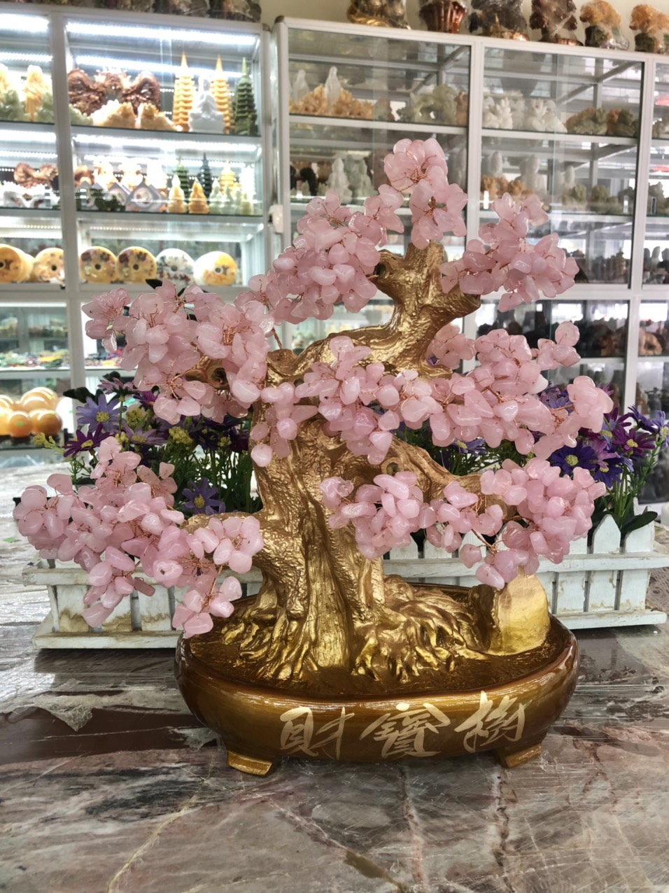 Cây tài lộc bonsai phong thủy đá thạch anh hồng - Cao 40 cm