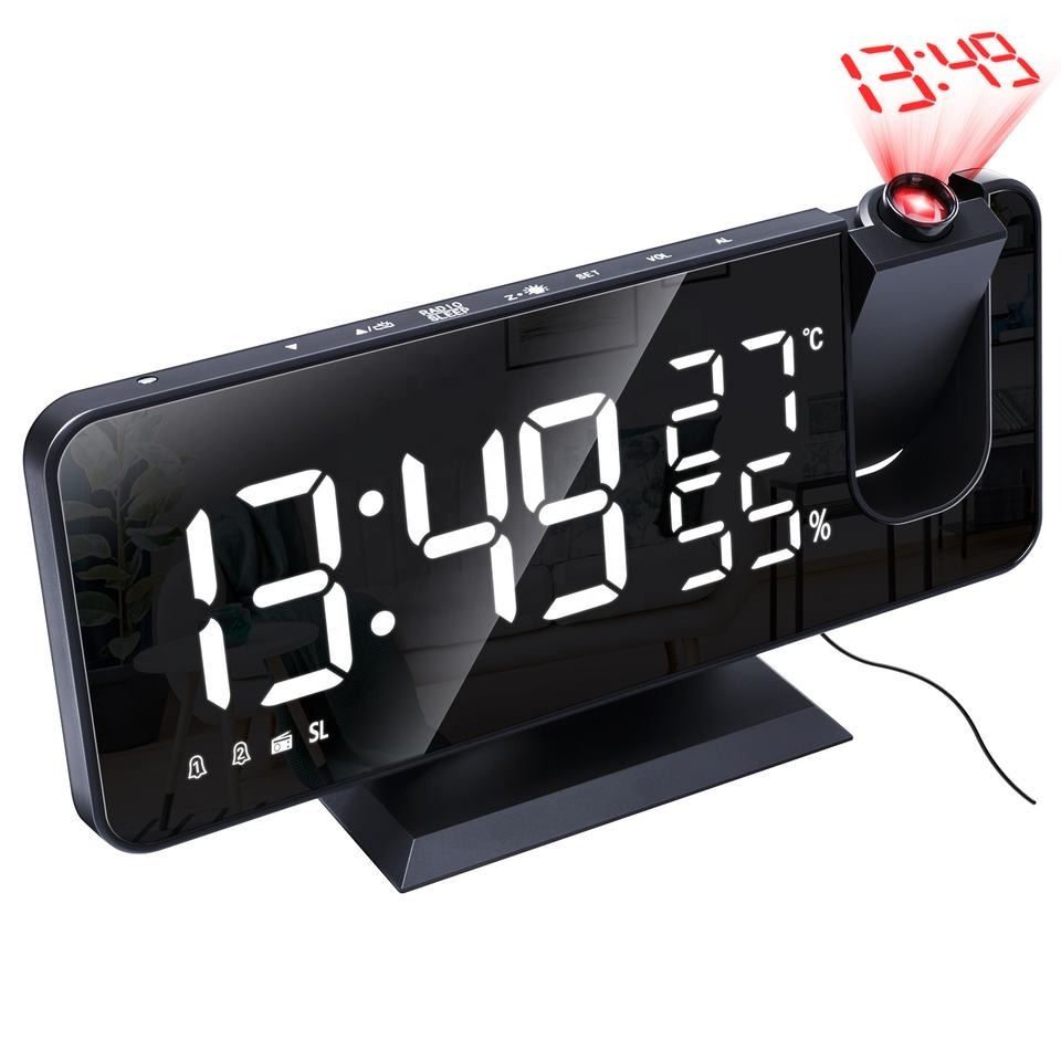 Đồng hồ để bàn kỹ thuật số phản chiếu đèn led trên tường nhiều chức năng báo nhiệt độ, độ ẩm báo thức sạc pin radio FM