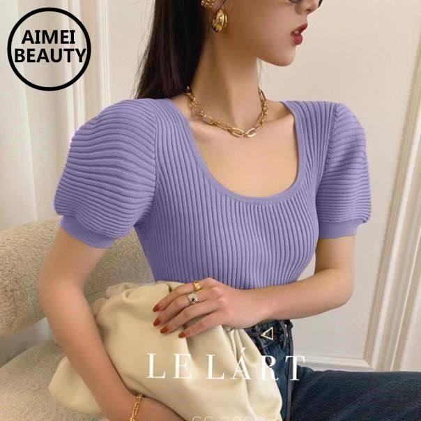 Áo croptop dệt kim cổ chữ U phối tay phồng thời trang cho nữ
