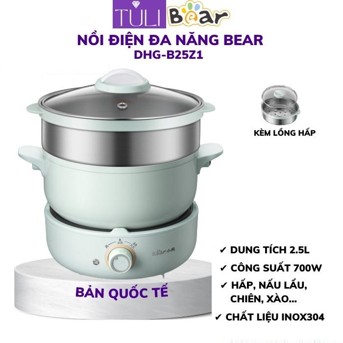 Nồi Nấu Lẩu Điện Mini 3 Tầng Đa Năng Bear DHG-B25V1 (Bản Quốc Tế)(2.5L) (Kèm Lồng Hấp), nấu , hấp, lẩu, Chiên, Xào hầm ) - Hàng chính hãng