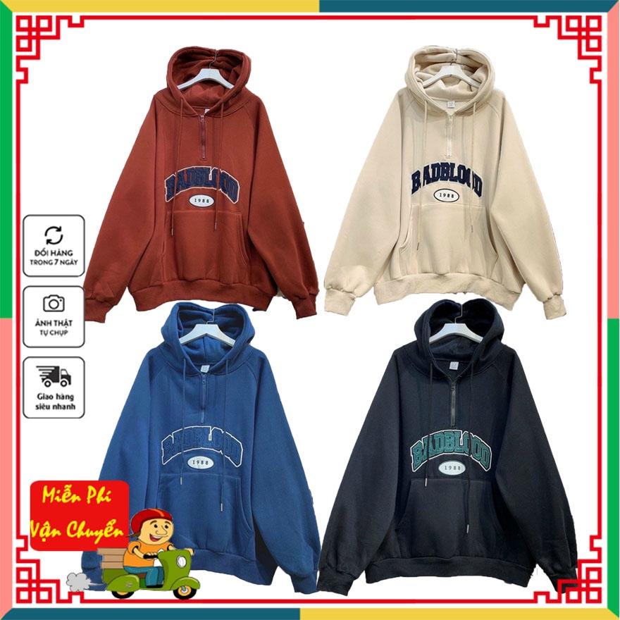 Áo Hoodie Form Rộng, Chất Nỉ Dày Dặn Thiết Kế Cổ Khóa Kéo Độc Đáo Thêu Nổi Chữ BADBLOOD 1988 Siêu Hot