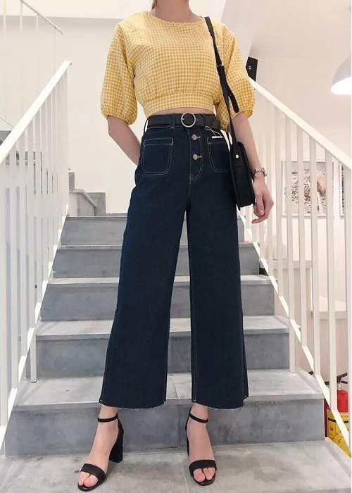 Quần Jeans Lửng Nữ Ống Rộng Hai Túi Trước Thời Trang