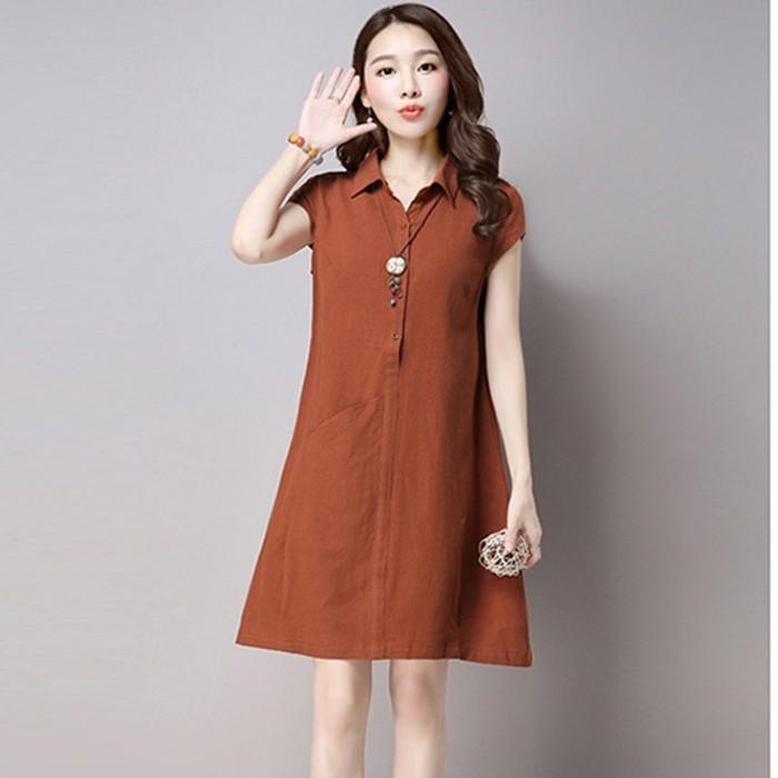 Đầm suông cổ sơ mi phối túi bên hông SLINEN, thời trang phong cách Hàn