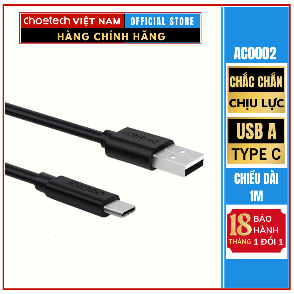 Dây Cáp Sạc Điện Thoại USB to Type C 30W Dài 1M CHOETECH AC0002 (HÀNG CHÍNH HÃNG)