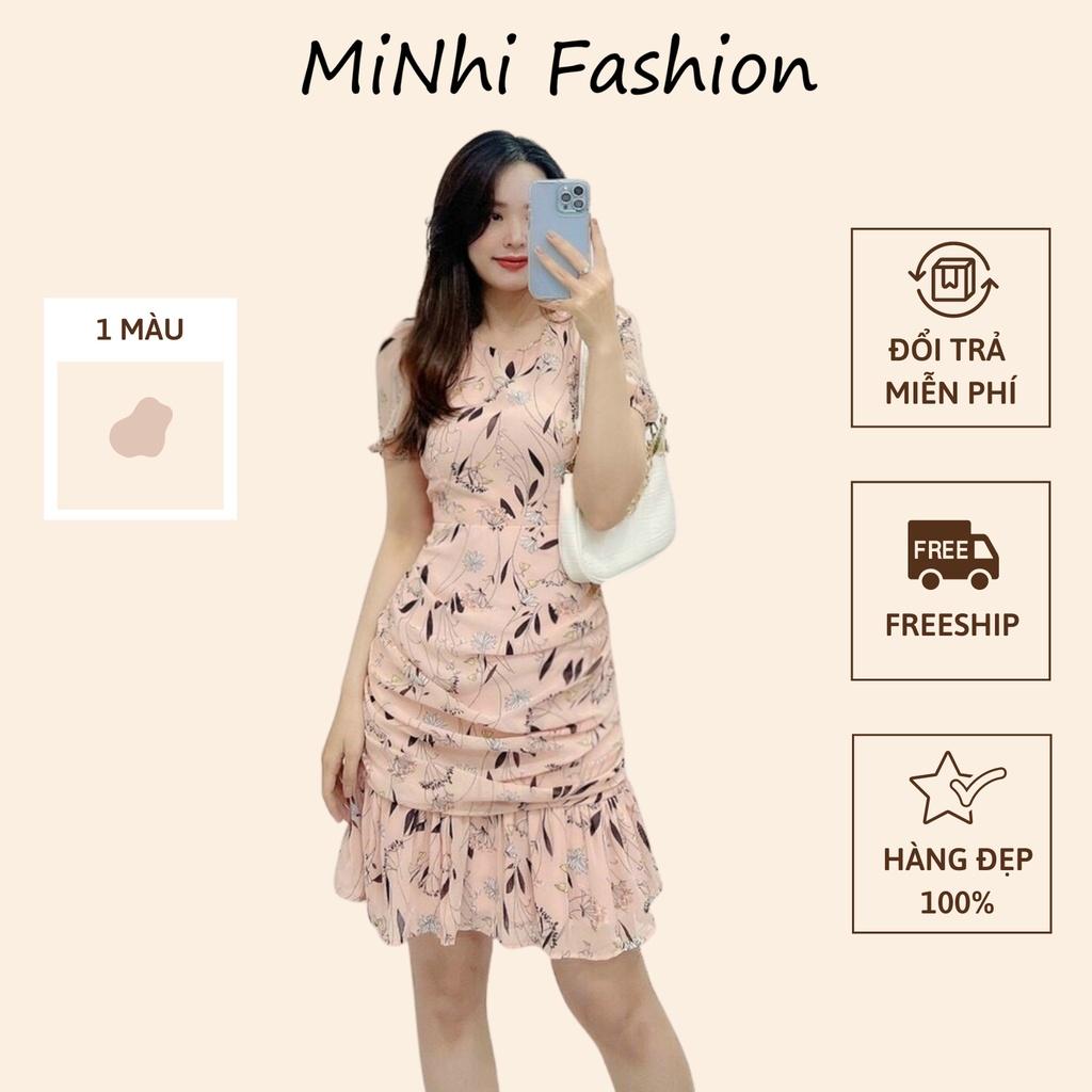 Đầm hoa nhí voan nhún eo, Váy hoa nhí đuôi cá công sở Cao Cấp dự tiệc tay ngắn cổ tròn - MiNhi Fashion
