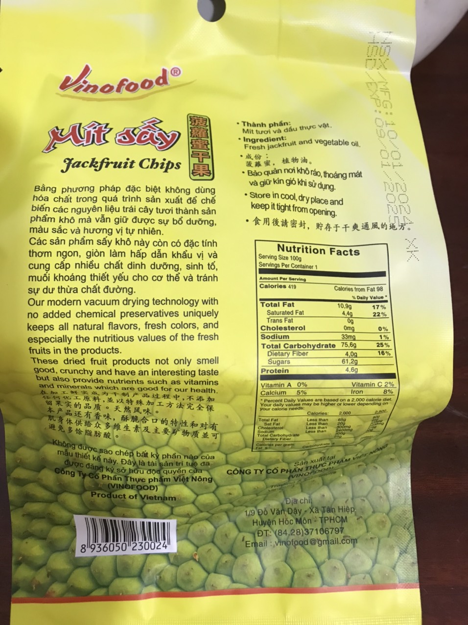 Mít Sấy Chân Không Giòn Xốp Tự Nhiên (Jackfruit Chips) VINOFOOD  100grs (Gói = 100 grs) - Export