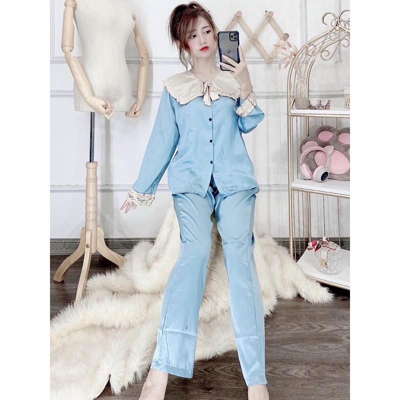 Bộ pijama dài tay, Đồ bộ ngủ mặc nhà dài tay lụa satin cao cấp, cổ phối bèo nơ tiểu thư