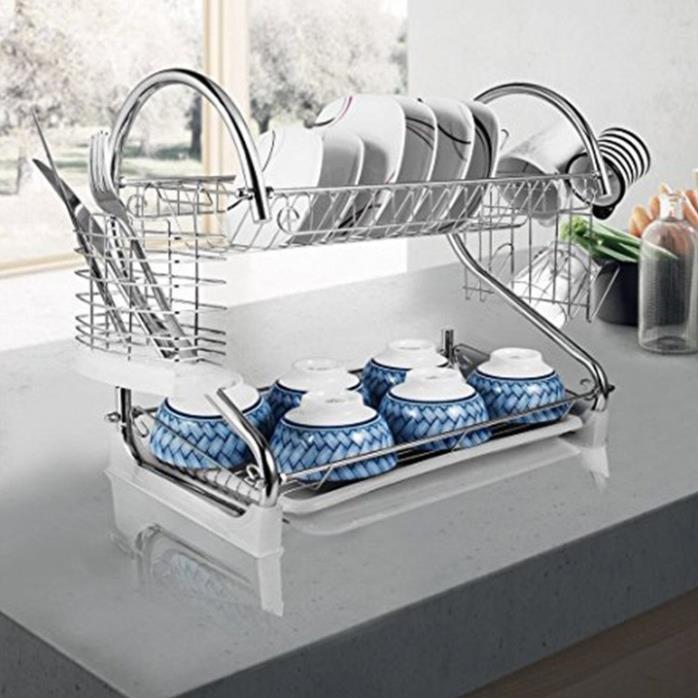 Kệ Để Chén Đĩa 2 Tầng Bằng Inox - Giá Úp Bát Đĩa Có Ống Cắm Đũa Tiện Dụng