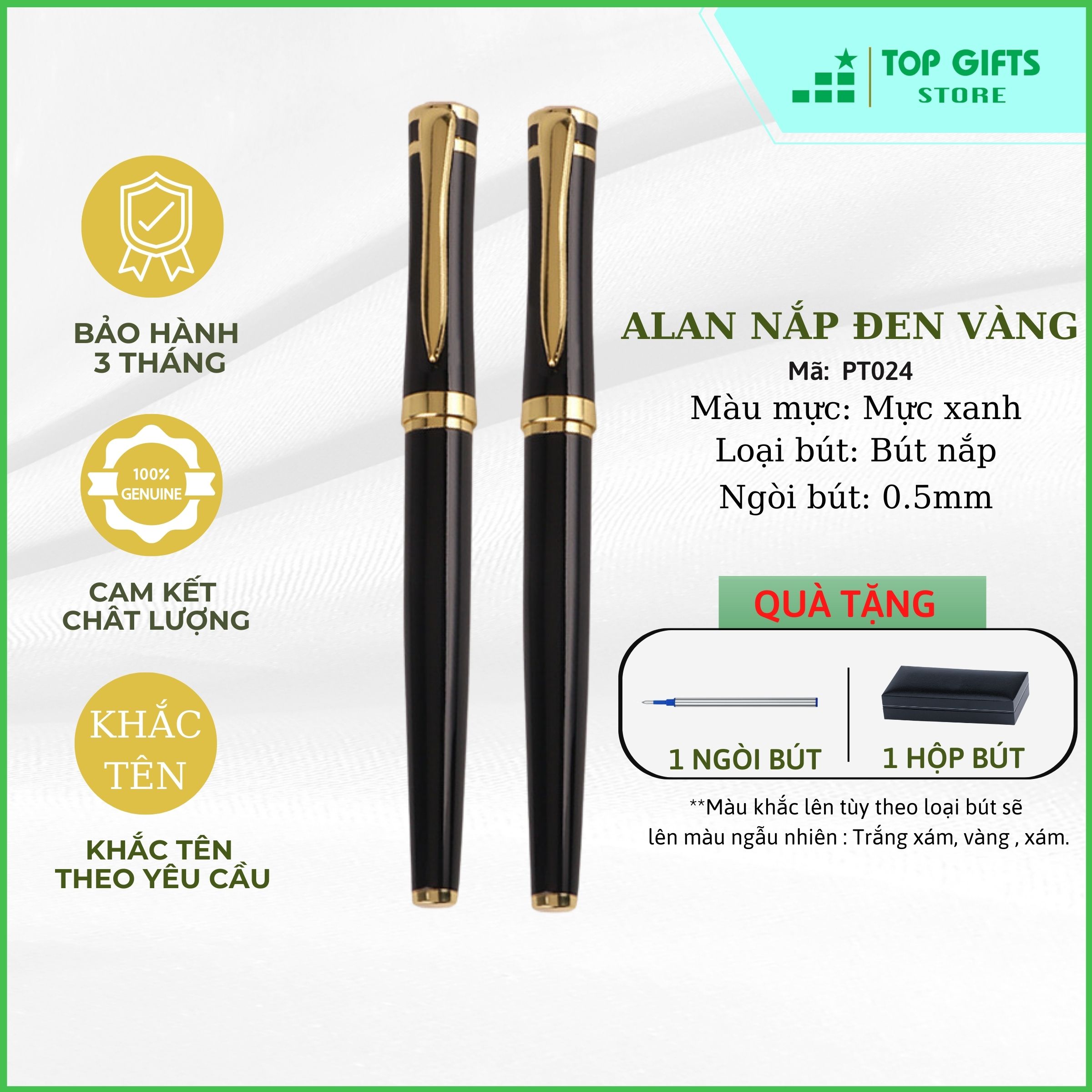 Bút ký khắc tên Alan đen viền vàng PT024 - Ngòi 0.5mm mực xanh