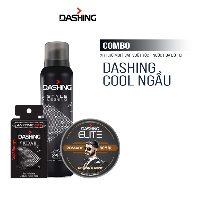 Combo Dashing Essensial: Xịt khử mùi Style Legend 125ml &amp; Nước hoa bỏ túi Style Legend 18ml &amp; Sáp vuốt tóc Dashing Royal 75g