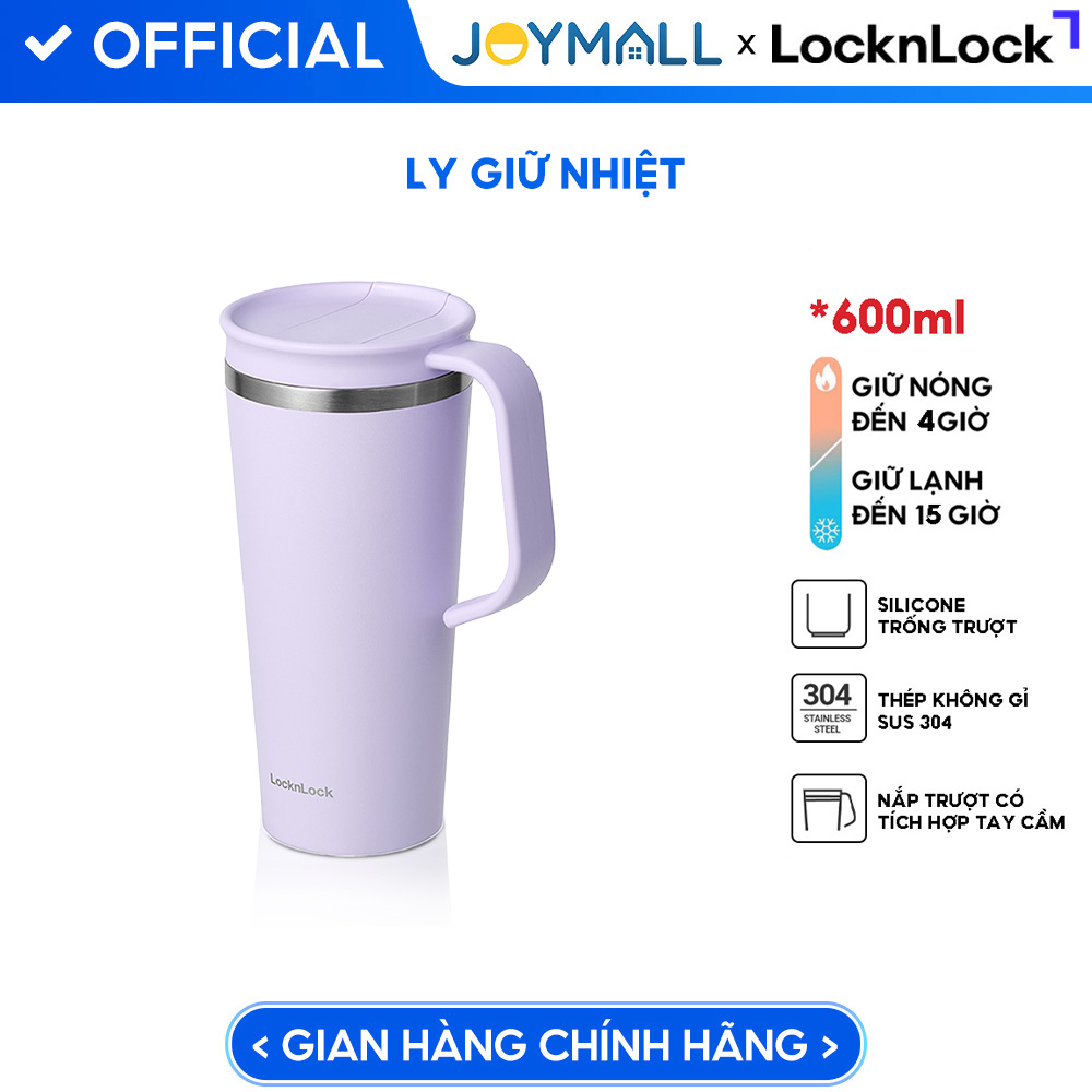 Ly giữ nhiệt LocknLock Daily Handle Tumbler màu tím LHC4330VOL 600ml, Hàng chính hãng, nắp trượt tích hợp tay cầm - JoyMall
