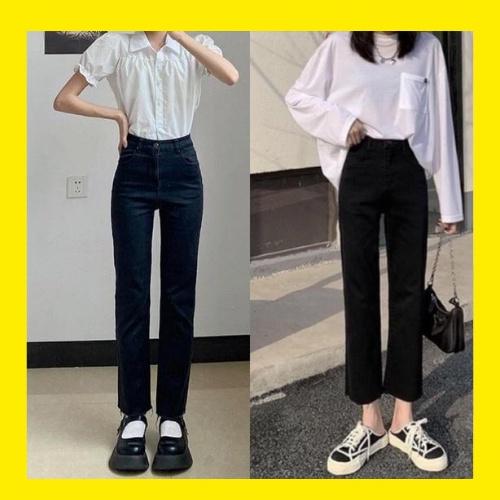 Quần bò jean nữ ống đứng đen cạp cao co dãn