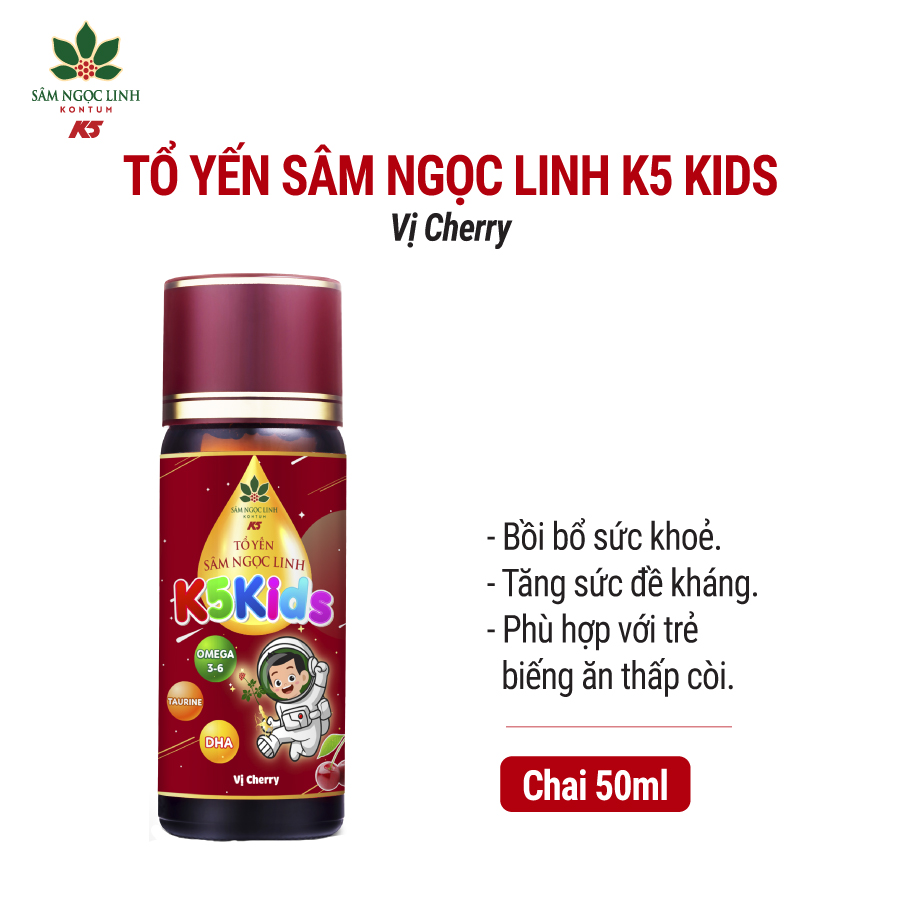 Tổ Yến Sâm Ngọc Linh K5 Kids - Tăng Miễn Dịch Tốt Cho Tiêu Hóa Của Trẻ  Vị Cherry Chai Lẻ 50ml