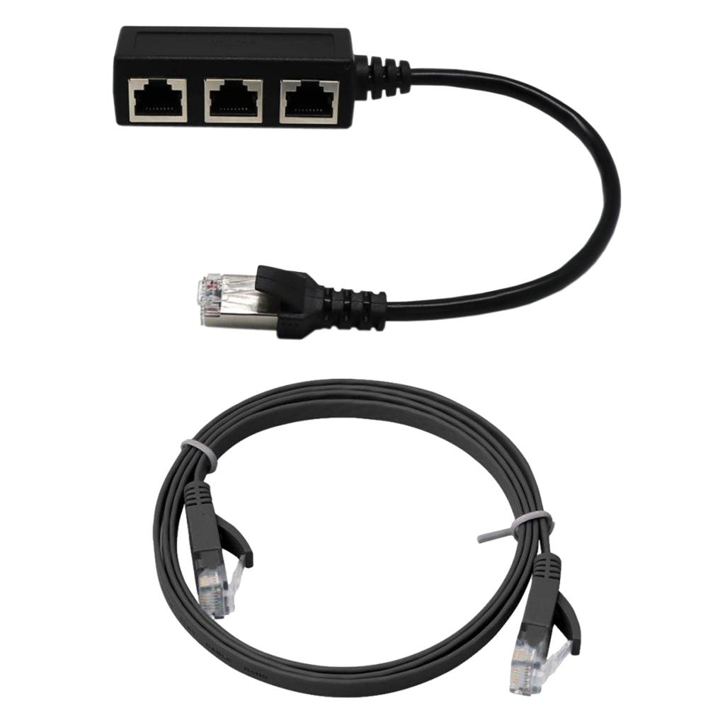 RJ45 Male to 3 Female Network Extender Cable Splitter + Cat 6 Cable Black