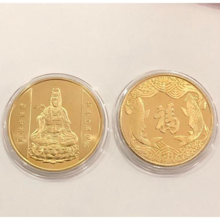 Đồng Xu Phật Quan Âm Bình An May Mắn Tặng Móc Khóa, Túi Gấm Phong Thuỷ
