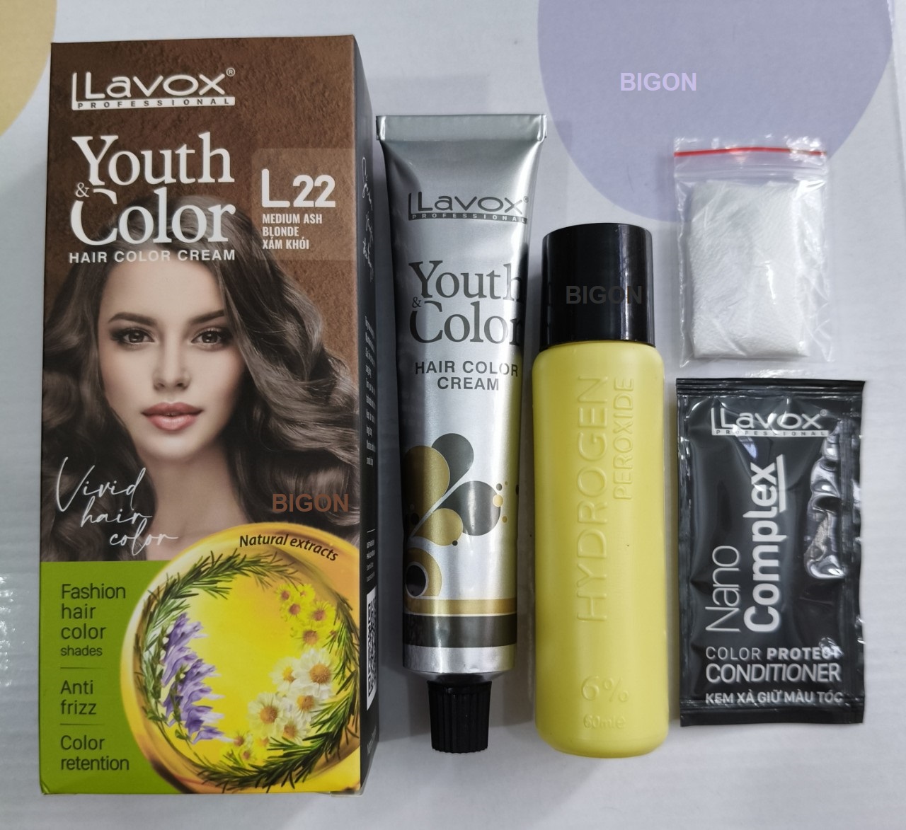 Xám Khói - Combo 2 Kem Nhuộm Tóc Màu Thời Trang Lavox Youth&amp;Color L22 Xám Khói + L24 Nâng Tông Màu (Sử Dụng Màu L24 Để Nâng Tông Màu Tóc Trước Khi Nhuộm Màu L22 Xám Khói)