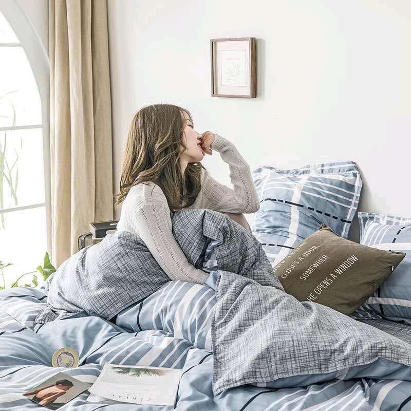 Bộ chăn ga Cotton poly M2T bedding chăn ga Hàn Quốc kẻ chữ M đủ size miễn phí bo chun