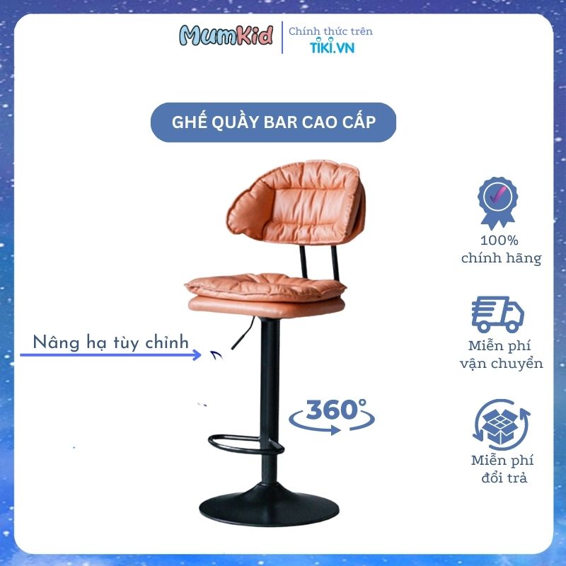 Ghế Quầy Bar Chân Xoay 360 độ Nêm Bọc Da Sang Trọng, Ghế Trang Điểm Makeup Nâng Hạ Chiều Cao Cao Cấp