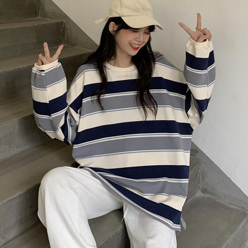 Áo Thun Dài Tay Dáng Rộng Với Họa Tiết Sọc Ngang Xinh Xắn Dành Cho Các Cặp Đôi