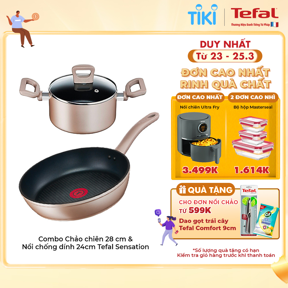 Combo Chảo chiên Tefal Sensation H9100614 28 cm &amp; Nồi chống dính Tefal Sensation H9104614 24cm - Cảnh báo nhiệt - Dùng cho mọi loại bếp - Hàng chính hãng