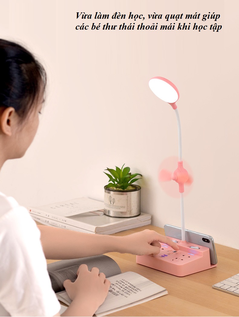 Đèn Led Đặt Bàn Kiêm Ổ Cắm Và Cổng USB Có Tích Hợp Quạt Mát Tiện Dụng