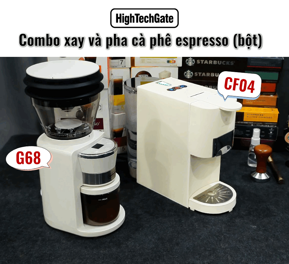 Combo máy pha cà phê CF04 và máy xay cà phê G68 siêu nhỏ gọn tại nhà, văn phòng, hàng chính hãng