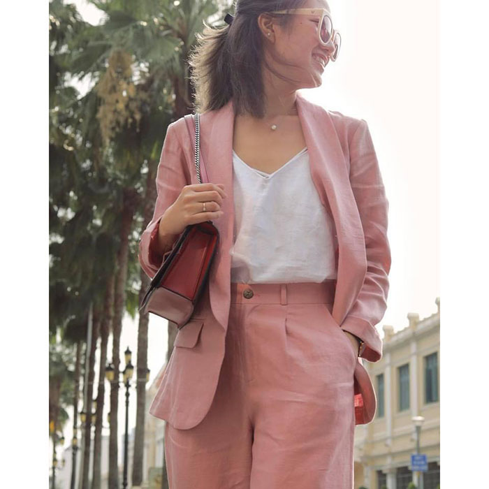 Set bộ 3 món vest blazer Linen ve tròn công sở + Quần ống rộng + Áo ghi lê trẻ trung ArcticHunter - Hồng đỗ