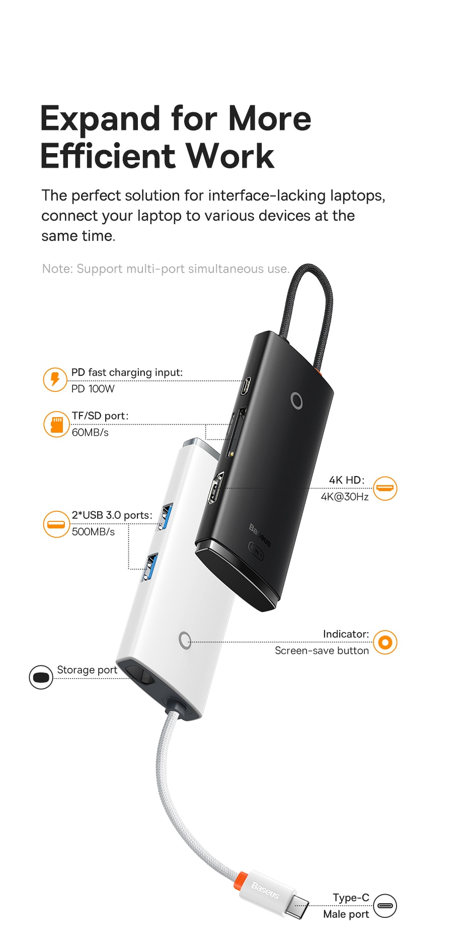 Hub chuyển Baseus Lite Series 6-Port Type-C HUB Docking Station- hàng chính hãng