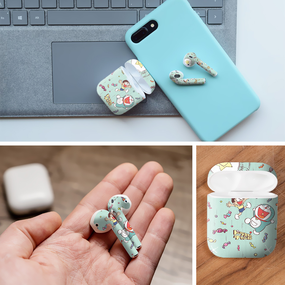 Miếng dán skin chống bẩn cho tai nghe AirPods in hình Doremon - Dor015 (bản không dây 1 và 2)