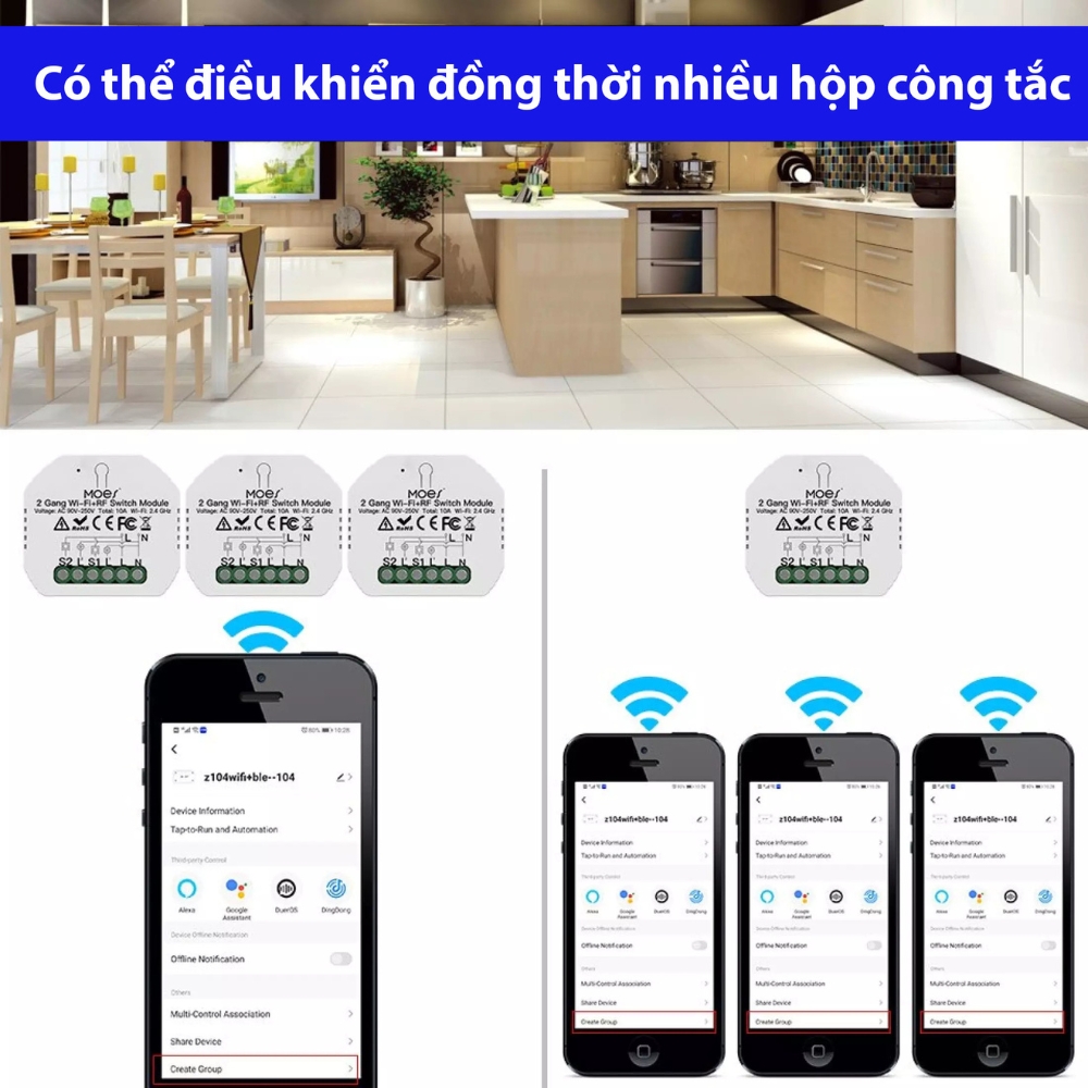 Hộp công tắc 2 cổng wifi + remote RF siêu nhỏ 10A MS-104B