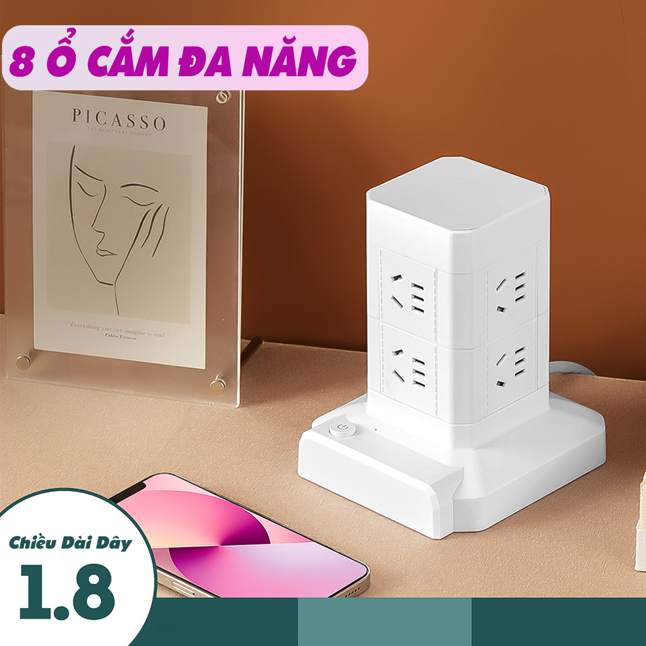 Ổ cắm điện đa năng hình tháp nhiều tầng 8 ổ cắm chịu tải lên tới 2500W - hàng chính hãng Vinetteam