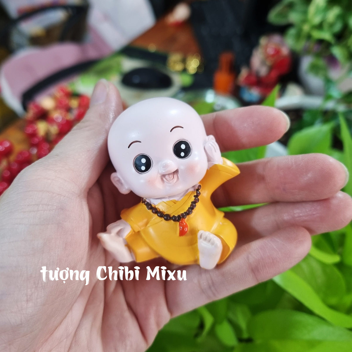 Bộ 02 tượng chú tiểu áo vàng kèm mõ hình cá gỗ