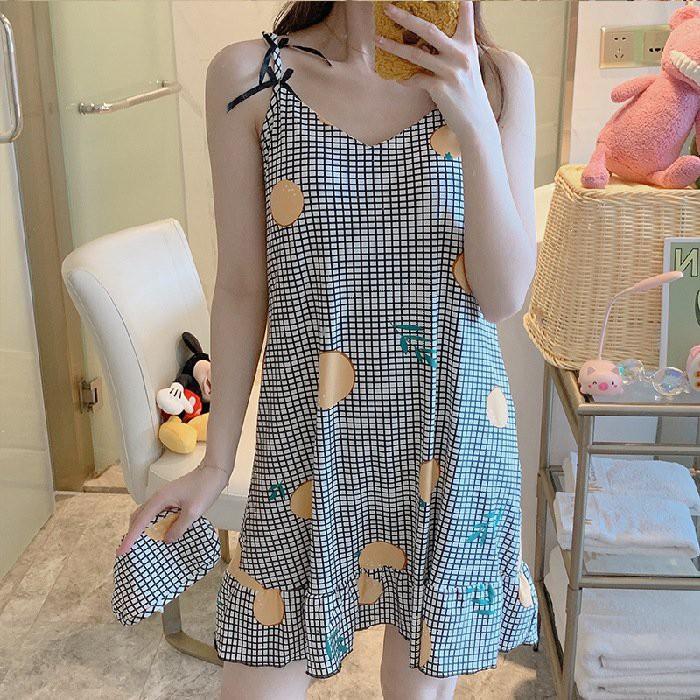 Váy ngủ 2 dây, đầm mặc nhà thiết kế kẻ caro nhỏ mát mẻ vn36