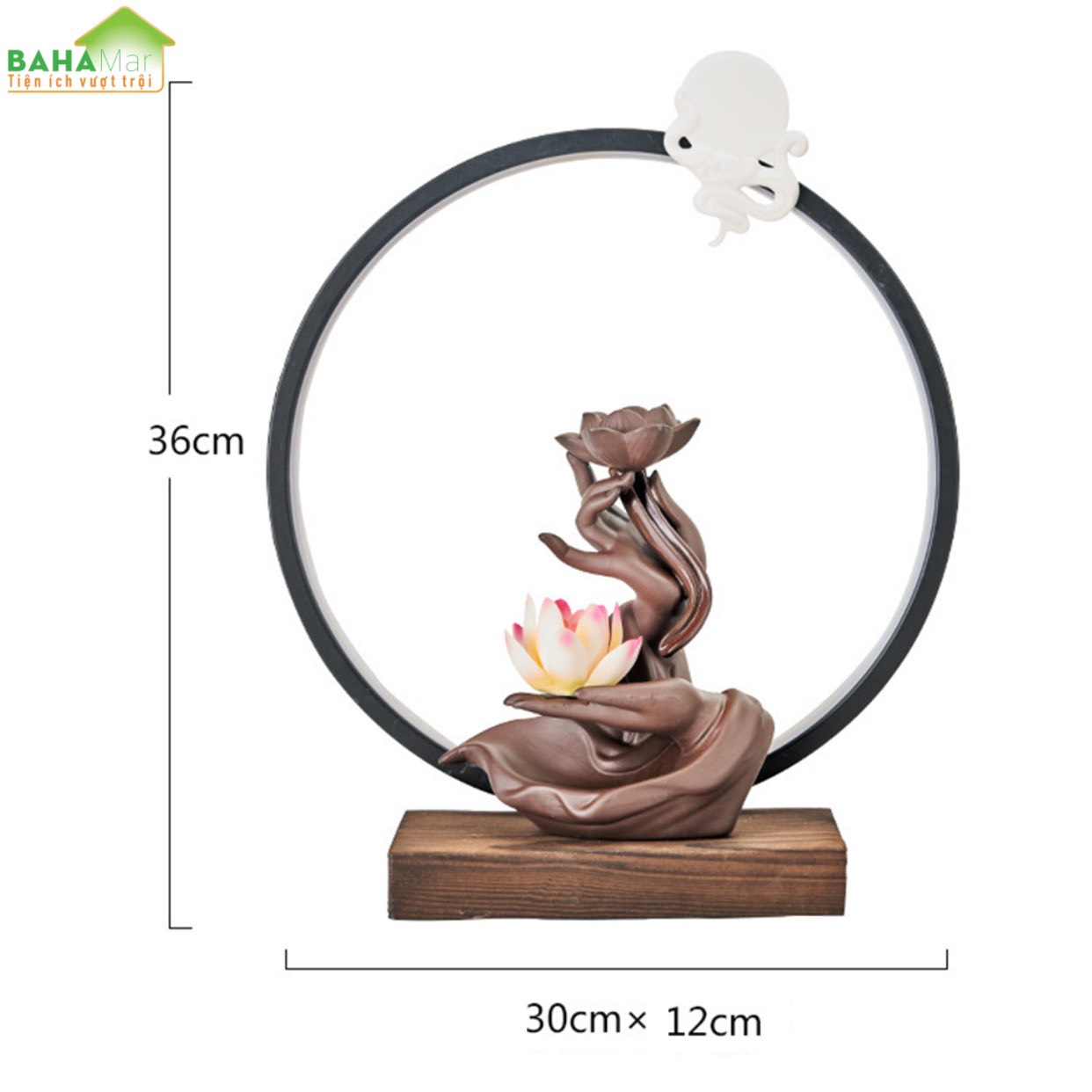 LƯ HƯƠNG VÒNG TRÒN ĐÈN LED PHONG CÁCH THIỀN - THÁC KHÓI TRẦM HƯƠNG CHẢY NGƯỢC BÀN TAY CẦM NHÀNH SEN "BAHAMAR" tạo không khí trong lành, tâm trạng tĩnh tại, làm giảm bớt lo lắng