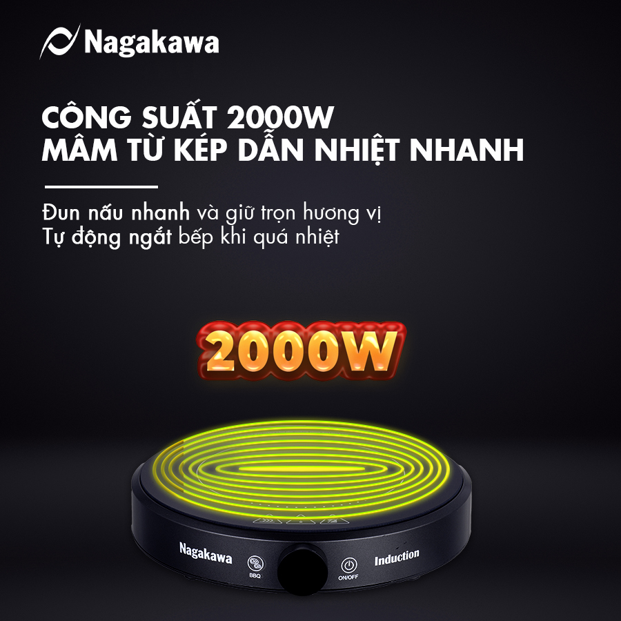 Bếp điện từ đa năng Nagakawa NAG0716 - Kèm nổi lẩu và vỉ nướng chuyên dụng - Hàng chính hãng