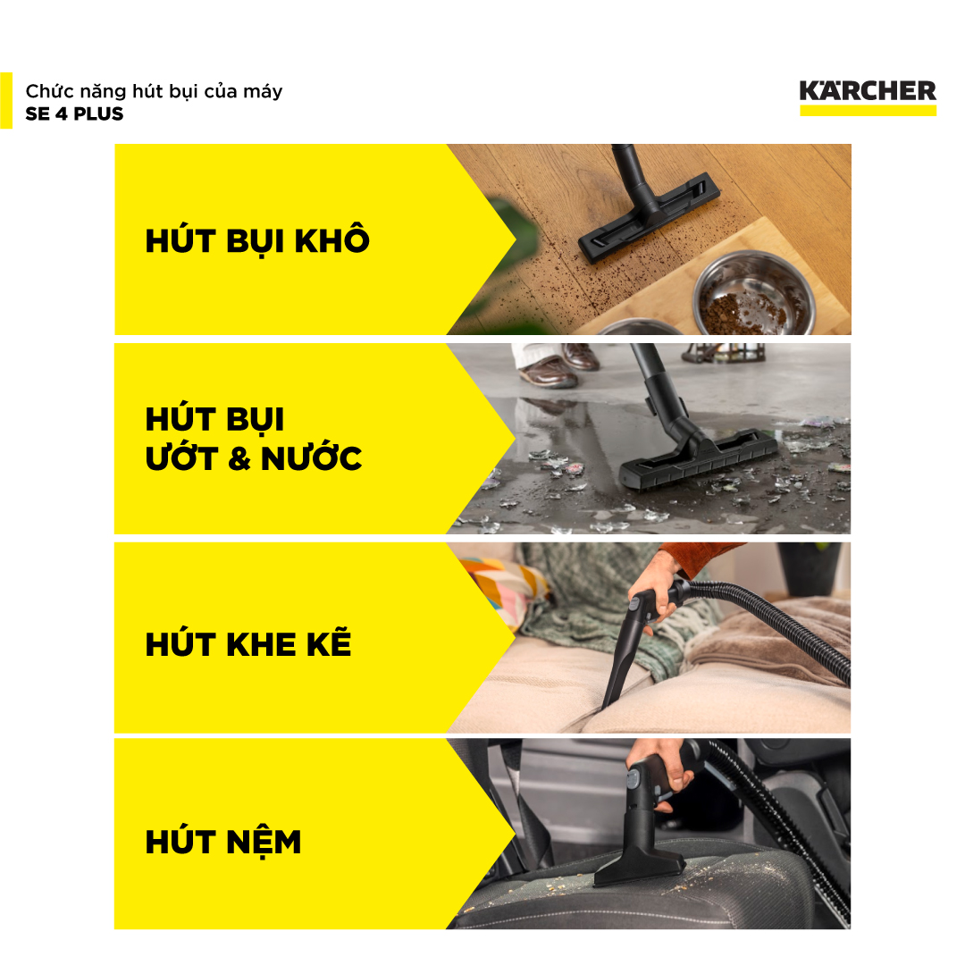 (Sản xuất Châu Âu) Máy giặt thảm, Sofa Karcher SE 4 Plus - Công suất 1000W - Làm sạch thảm, sofa và hút bụi đa năng dùng cho gia đình - Hàng Chính Hãng