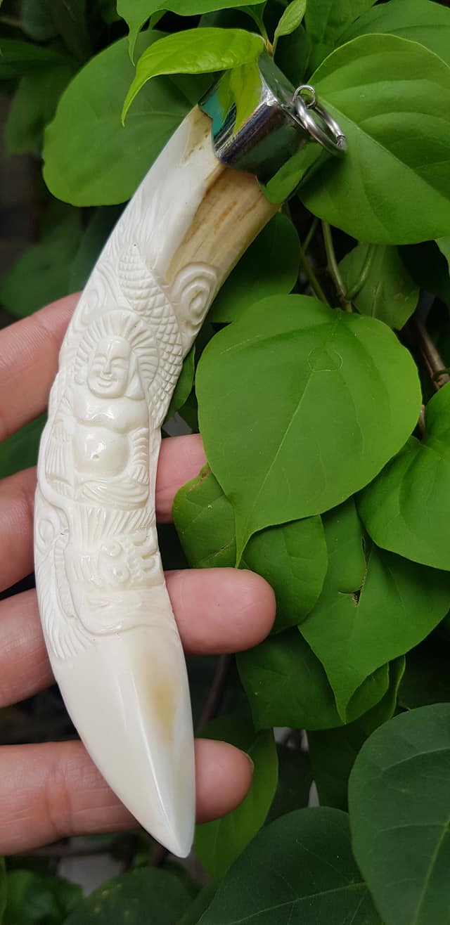 Mặt dây chuyền Nam Nanh Chạm Phật Di Lặc Giả Ngà hay gọi Xương mỹ nghệ màu trắng Mặt dây chạm hình Phật Di Lặc đã bọc khoen inox Nam đeo với sợi dây chuyền của mình đẹp ạ