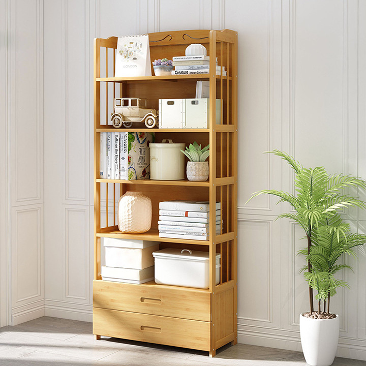 Kệ Sách Gỗ Tre 5 Tầng 2 Ngăn Kéo Đơn Giản - Kệ Tủ Để Đồ Decor Trang Trí Nhà Ở và Văn Phòng Đẹp