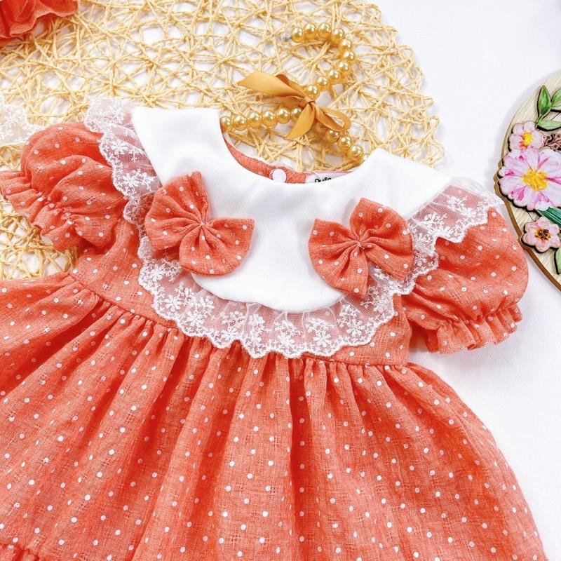 Váy Lolita Chấm Bi Cam Bé Gái Sơ Sinh Đến 12kg, Đầm Bé Gái Chất Đũi Thông Hơi Mềm Mát