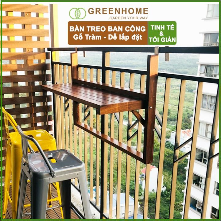 Bàn treo ban công, D60xR30cm, màu gỗ tự nhiên, gỗ tràm, siêu bền, phù hợp mọi lan can |Greenhome