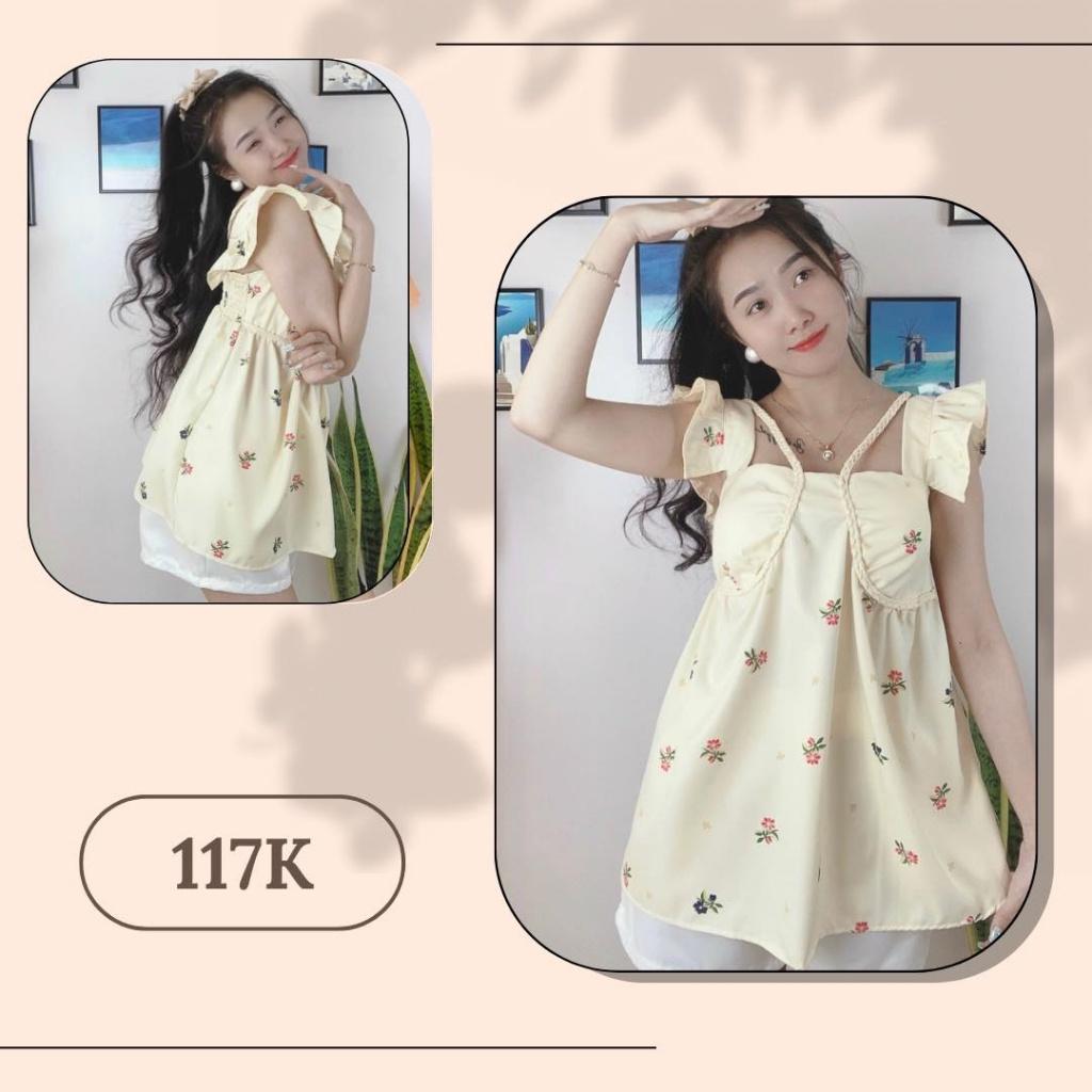 Set bộ nữ,Set bộ đùi quần ống rộng mix áo tay bèo mặc nhà, dạo phố siêu dễ thương