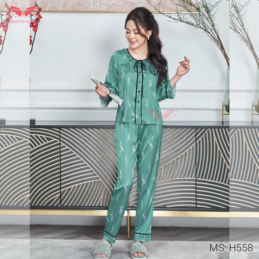 Bộ Đồ Ngủ Pyjama Nữ Mặc Nhà VINGO Lụa Pháp Cao Cấp Tay Lỡ Phối Nơ Quần Dài Thu Đông Họa Tiết Hoa Trắng Xanh H558 VNGO