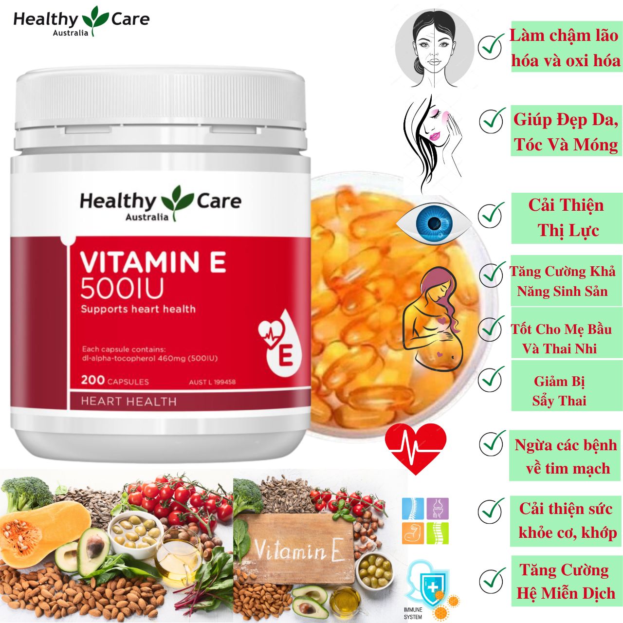 Vitamin E Úc Healthy Care 500IU Hỗ trợ hệ thống tim mạch khỏe mạnh, giúp làm đẹp da, mượt tóc và làm chậm quá trình lão hóa - Massel Official