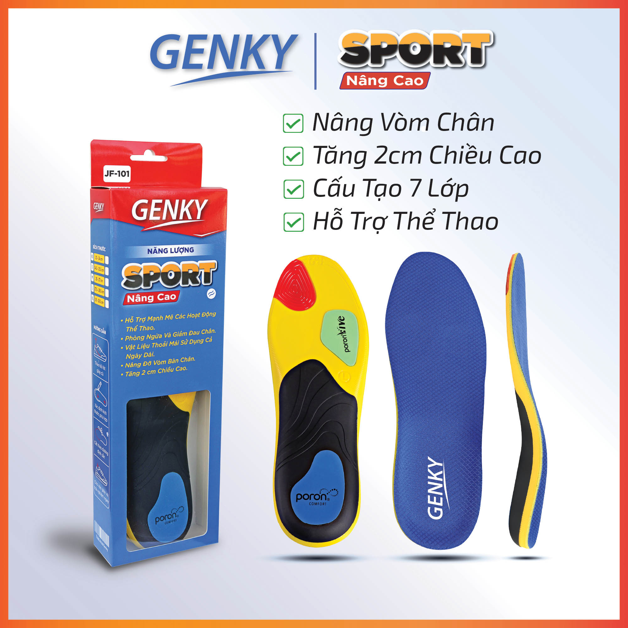 Hình ảnh Lót giày thể thao nam nữ Genky Sport 7 lớp, tăng 2cm chiều cao, chống sốc, thấm mồ hôi và khử mùi, nâng vòm bàn chân