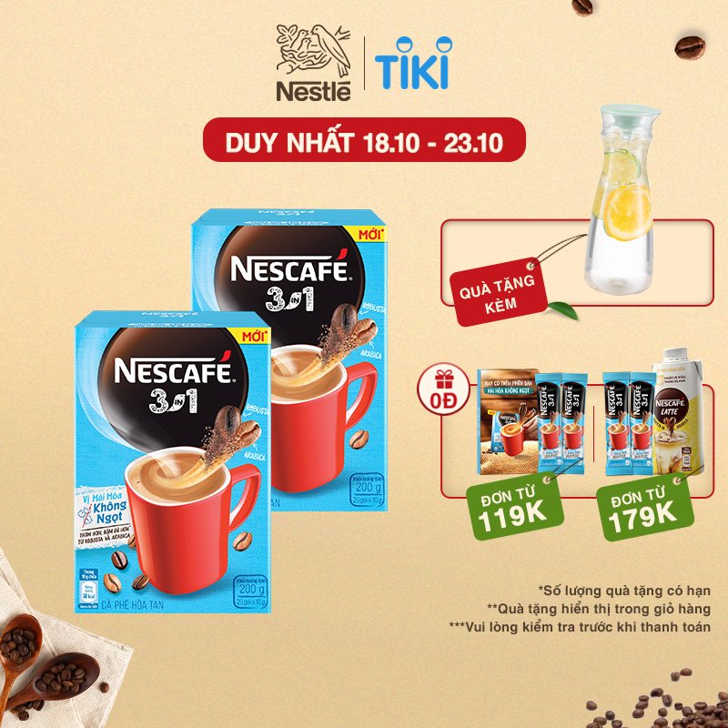 [Tặng 1 bình nước] Combo 2 hộp cà phê hòa tan Nescafé 3in1 vị hài hòa không ngọt - công thức cải tiến (Hộp 20 gói)